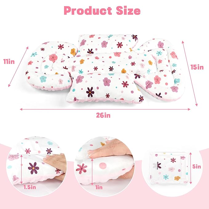 Infant Car Seat Insert with 3 Strap Covers, 3 in 1 Reversible Floral Baby Car Seat Head Support for Newborn, Baby Girl Newborn Essentials for Preemie to Infant, Stroller, Swing, Bouncer (Pink)