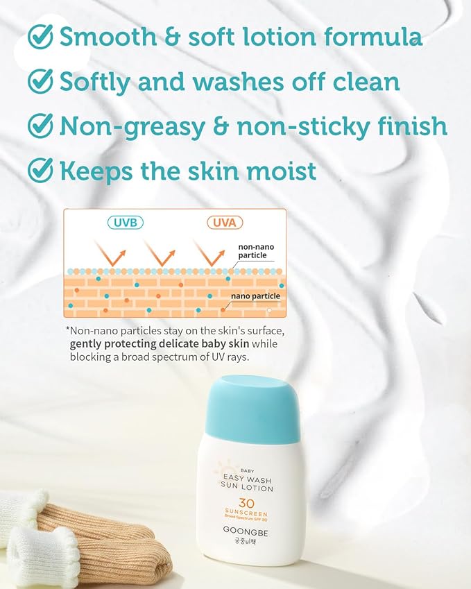 Baby Easy Wash Sun Lotion SPF 30 & Soothing Water Gel Cream - Korean Zinc Oxide Mineral Sunscreen & Cooling Moisturizer - Vegan Hypoallergenic for Ages 0-3, Lotion 2.11oz & Gel Cream 3.38oz