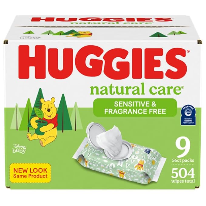 Huggies Natural Care Sensitive Baby Wipes, Unscented, Hypoallergenic, 99% Purified Water, 9 Flip-Top Packs (3 packs of 3), 504 Total Wipes (56 Wipes per pack), Packaging May Vary