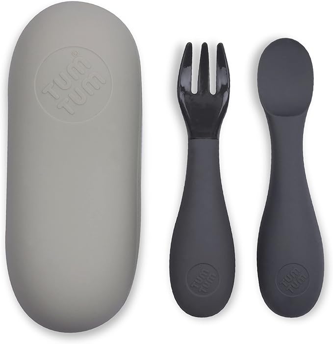 Baby Cutlery Set With Case, Spoon & Fork for Self Feeding, Silicone, 6 Months Plus (Grey)