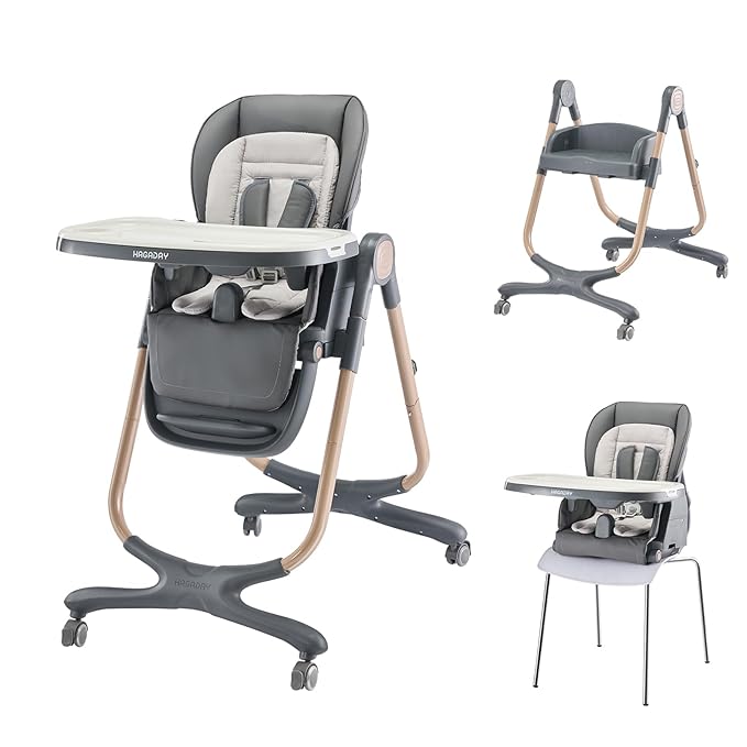 6 in 1 Convertible High Chairs for Babies and Toddlers,Portable High Chair with Dishwasher Tray and 4 Wheel,Booster Seat for Dining Table,Foldable Toddle and Baby Feeding Highchair (Gold-Grey)