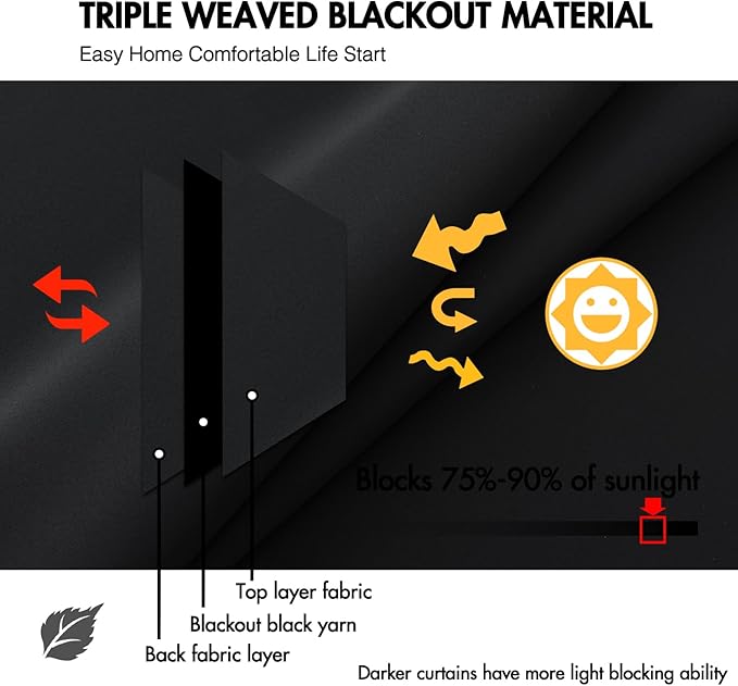 ANRODUO Back Tab Blackout Curtains for Bedroom Living Room, Rod Pocket Pinch Pleated Thermal Insulated Room Darkening Curtains 102 Inches Long 2 Panels, Black, 52 x 102 Inch