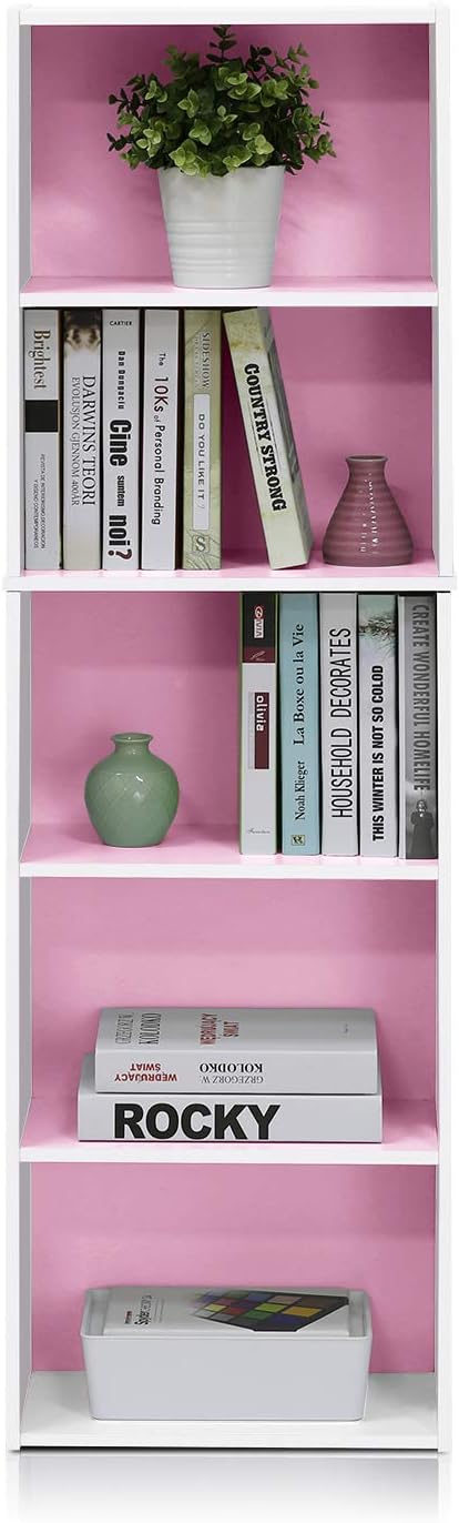 Furinno 5-Tier Reversible Color Open Shelf Bookcase , White/Pink 11055WH/PI