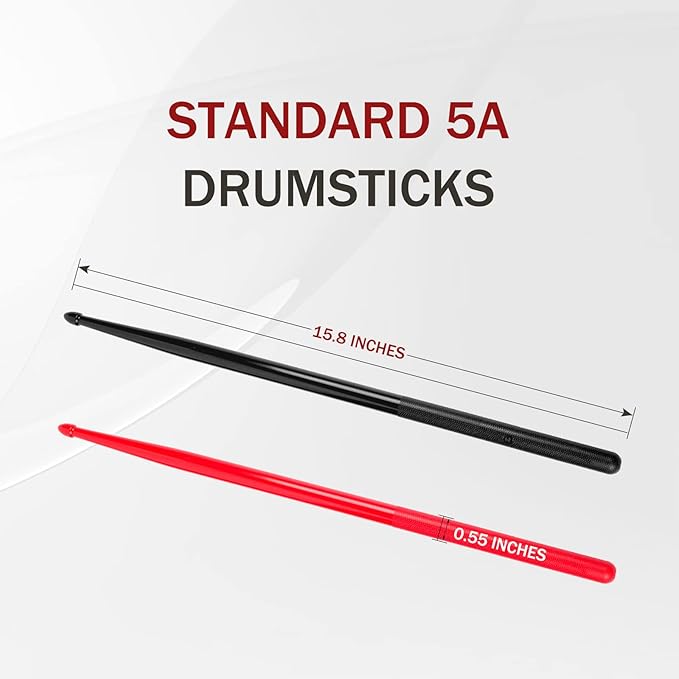 5A Nylon Drumsticks for Kids Adults: Light Durable Drum Sticks Black Red with Anti-Slip Handles for Electronic Drums Exercise Percussion Accessories (2 Pairs)