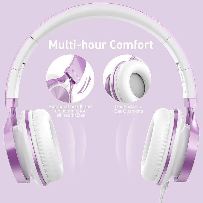 AILIHEN MS300 Purple Girl Headphones Wired with Microphone for Chromebook Laptop Computer, 3.5mm Foldable Lightweight on-Ear Headphones for School Teen Students