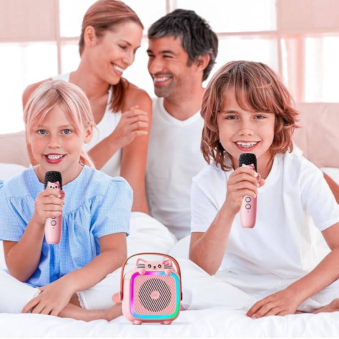 Karaoke Machine with 2 Wireless Microphones for Kids Adults,Portable Bluetooth Speaker Girls Toddlers Toy Gift for Aged 3-12 Year Birthday Parties Christmas Party - Pink