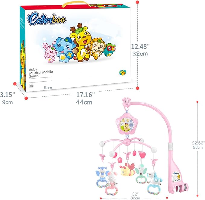 Baby Mobile for Crib with Musicial and Lights, Remote and Projection. Pack and Play Toys for Ages 0+ Months (Pink-Bee)