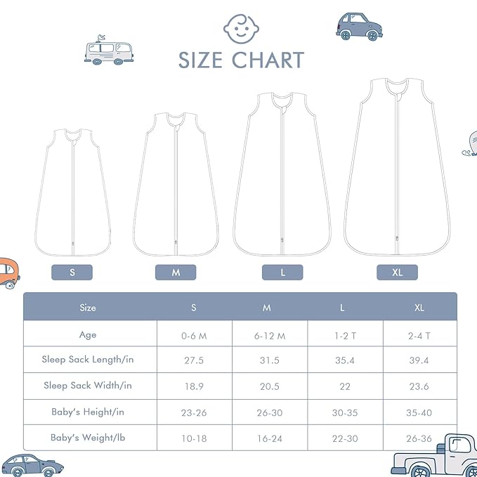 Baby Sleep Sack 0-6 Months Wearable Blanket for Babies 100% Organic Cotton 2-Way Zipper YKK 0.5 TOG Toddler Sleeping Sacks Cars