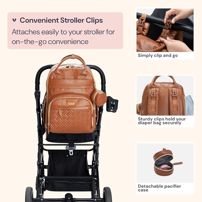 BabbleRoo Leather Diaper Bag Backpack - Baby Essentials Travel Baby Bag, Multi function, Waterproof, with Changing Pad, Stroller Straps & Pacifier Case – Unisex, Natural Brown