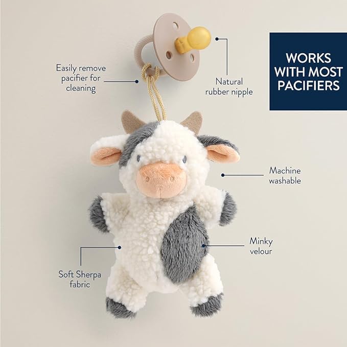 Itzy Ritzy Pacifier & Lovey Set - Natural Rubber Pacifier with Stuffed Animal Lovey - Detachable Plush Cow Binky Holder & Coordinating Natural Rubber Binky, Ideal for Ages 0-6 Months (Cow)