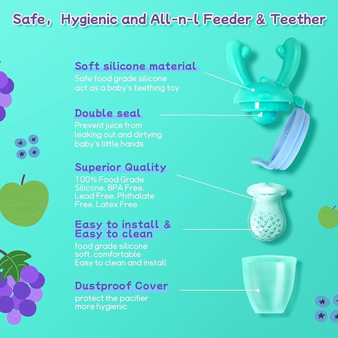 Baby Fruit Food Feeder - Silicone Nibble Tray Combo - Breastmilk Popsicle Mold for Cooling Relief, BPA Free Mesh Feeder for Infant Self Feeding (Antler Blue + Pineapple)