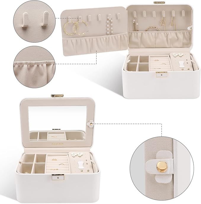 KAMIER Travel Jewelry Box, 2 Layers PU Leather Portable Jewelry Organizer, Large Capacity, Double Lock and Large Mirror, Hidden Necklace Hooks, Removable Dividers, Gift Box Packaging, White