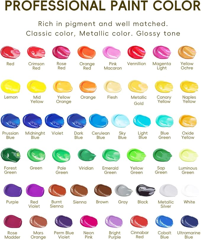50 Color Acrylic Paint Set, 2oz Bottles, Rich Pigmented Canvas Paint with 10 Brushes &Palette, Professional Art Supplies Kit for Adults & Kids, Non-Toxic, Suitable for Canvas, Rocks, Wood