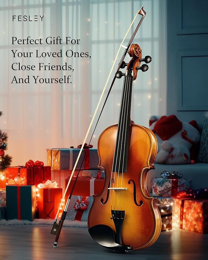 Fesley Violin Fiddle Full Set: 4/4 Polished Violin Kit for Beginners, Acoustic Violin with Hard Case, Solidwood Hand Made Starter Kit with Bow, Rosin, Shoulder Rest, Tuner, Extra Strings