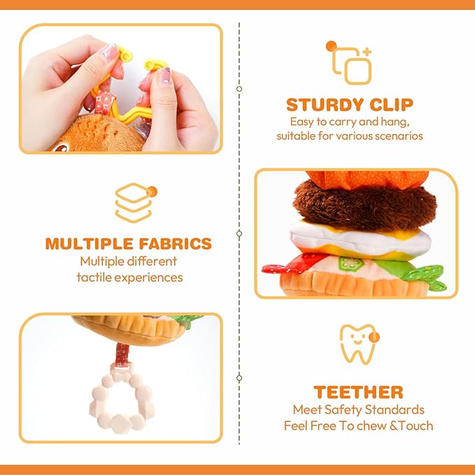 Jollybaby Baby Musical Pull String Hanging Toys for Stroller Car Seat Crib Play Gym, Plush Stuffed Hamburg Bear Toy for Carseat with Music Teether Crinkle, Sensory Toy for 0-6-12-18 Months Baby Gifts