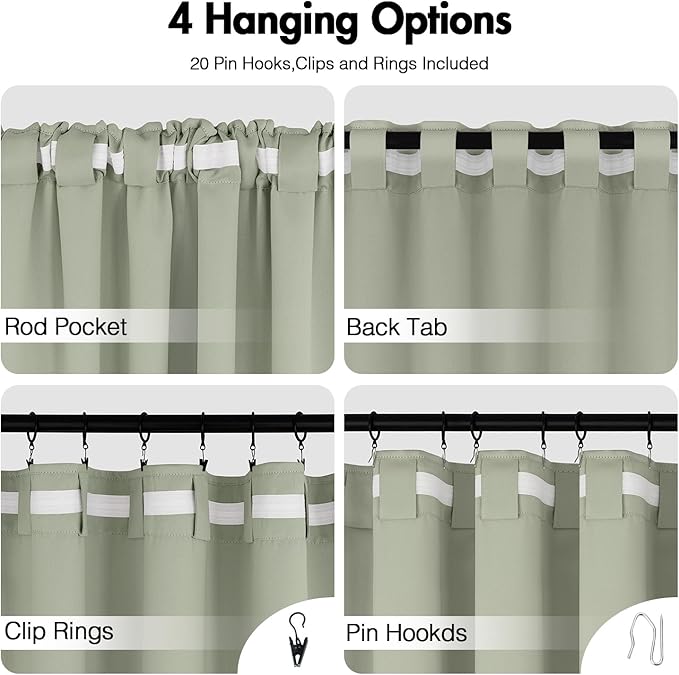 ANRODUO Back Tab Blackout Curtains for Bedroom Living Room, Rod Pocket Pinch Pleated Thermal Insulated Room Darkening Curtains 90 Inches Long 2 Panels, Sage Green, 42 x 90 Inch