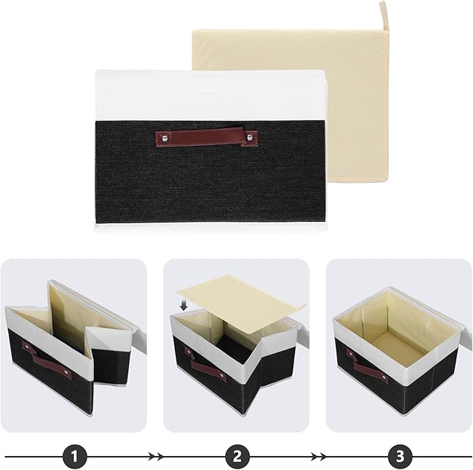 ANMINY Storage Boxes with Lids Washable Decorative Storage Bins Basket with PU Leather Handle Foldable Linen Fabric Storage Cubes Containers for Home Closet Organizer - Black White, Small Size