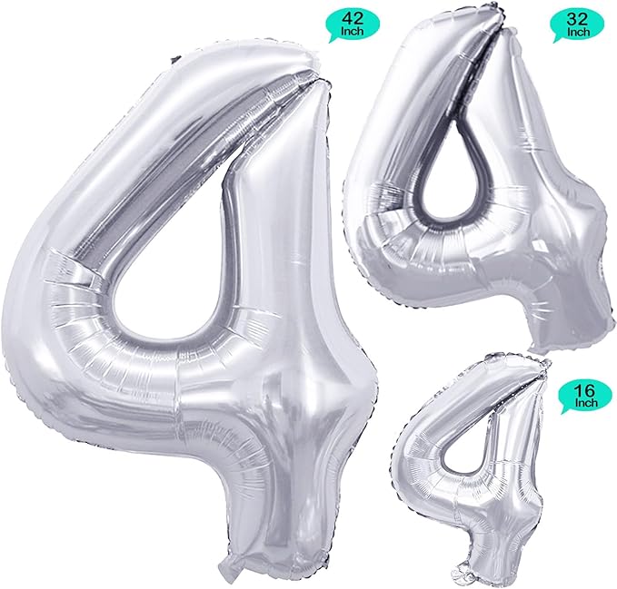 GOER Silver Foil Balloons Number 4,Huge Number Balloons for 4th Birthday Party Supplies Anniversary Decorations(3 pcs,42 inch,32 inc,16inch)