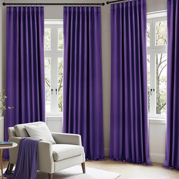ANRODUO Back Tab Blackout Curtains for Bedroom Living Room, Rod Pocket Pinch Pleated Thermal Insulated Room Darkening Curtains 90 Inches Long 2 Panels, Purple, 42 x 90 Inch