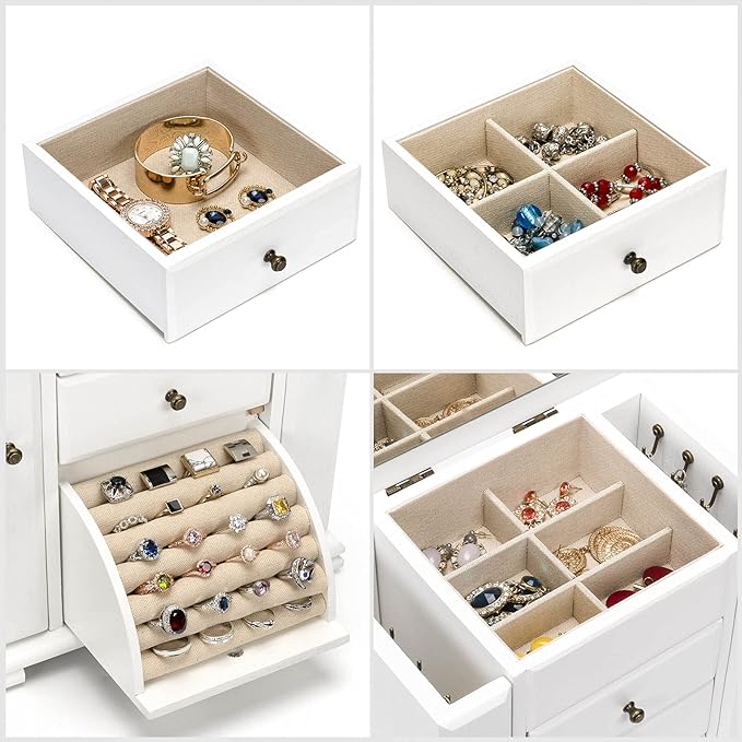 Jewelry Box for Women, Rustic Wooden Jewelry Boxes & Organizers with Mirror, 4 Layer Jewelry Organizer Box Display for Rings Earrings Necklaces Bracelets (Weathered White)