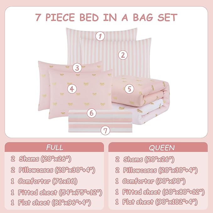 Full Size Comforter Sets with Sheets for Girls-7 Pieces Full Size Bedding Sets with Pink Comforter, Sheets, Pillowcases & Shams for Kids (Pink Gold Bow, 76" X 86")