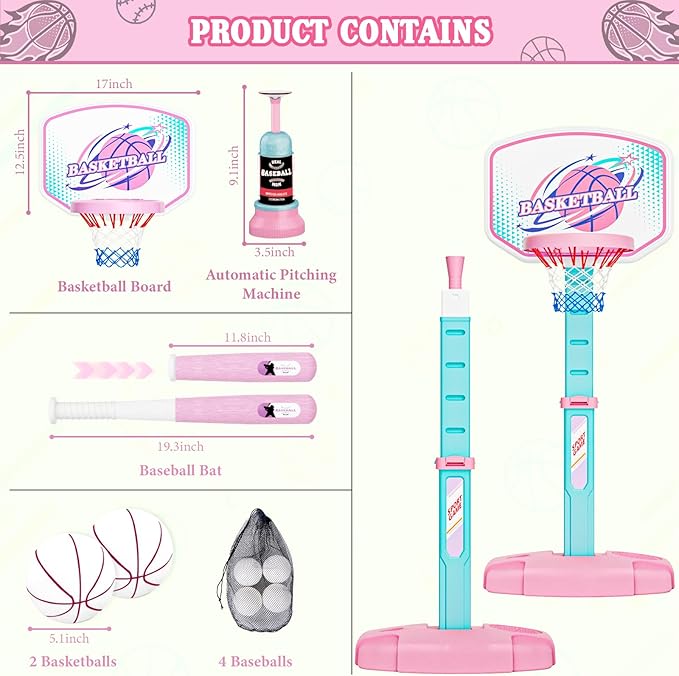 3 in 1 Basketball Hoop and Tee Ball Set for Girls: Baseball Tee with Automatic Pitching Machine Adjustable Height Outdoor and Indoor Sports Toys Christmas Birthday Gift for Kids Age 1-8 Year Old Pink