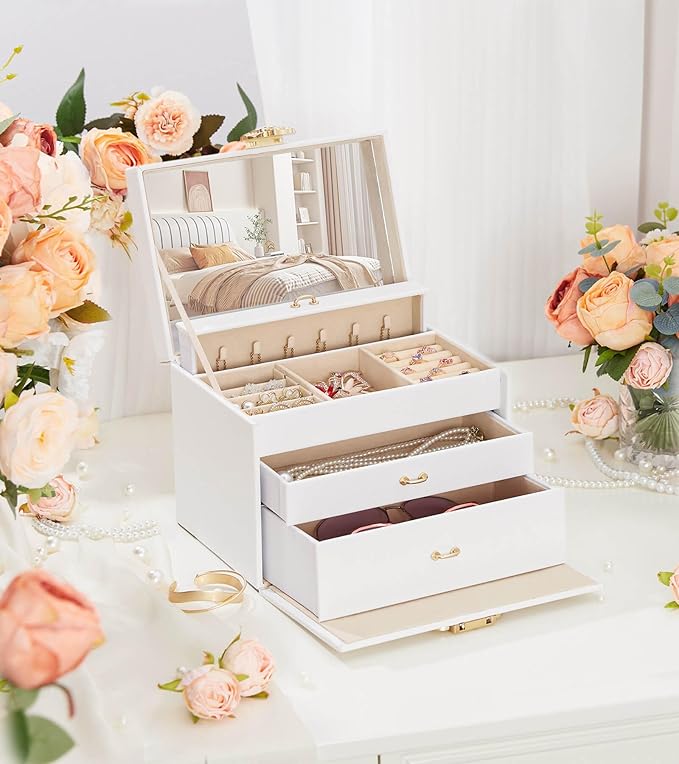 Jewelry Box with Lock for Girls: Jewelry Organizer for Dresser - 3-Drawer Earrings Storage Girls Women Gift (White)
