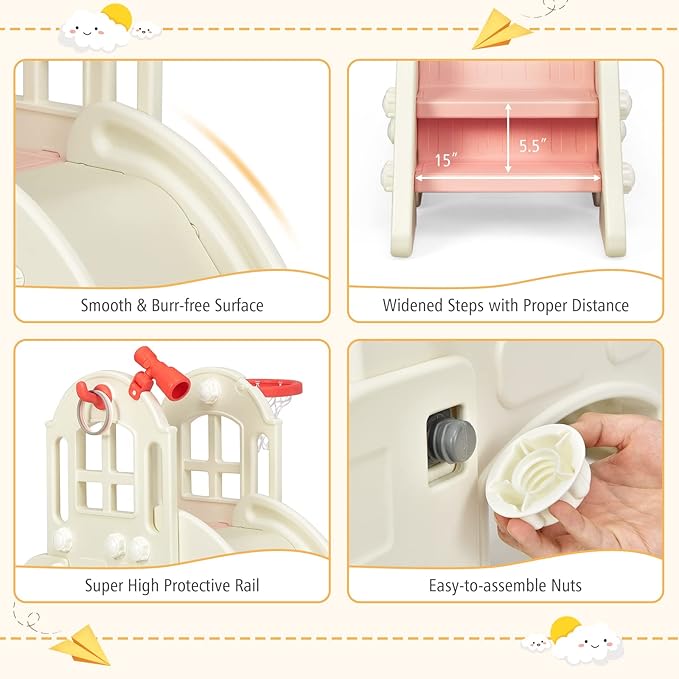 BABY JOY Toddler Large Slide, 6 in 1 Slide for Kids with Basketball Hoop, Ring Toss, 2 in 1 Convertible Climbing Way, Freestanding Kids Slide Climber Set for Indoors Outdoor Boys Girls Gifts Present