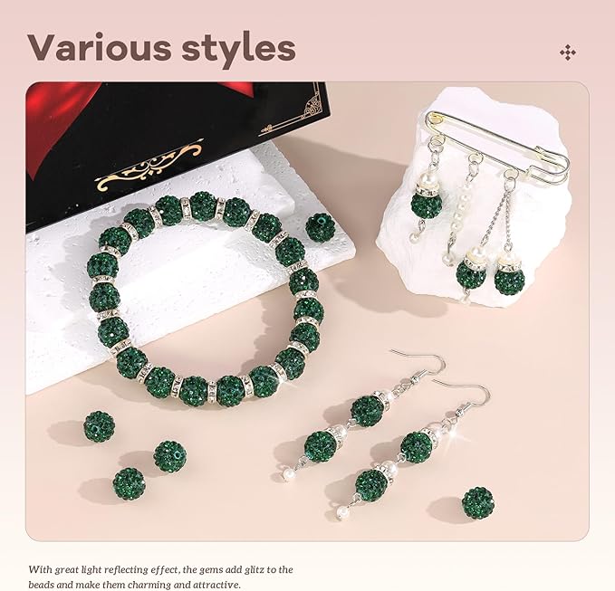 200pcs 10mm Rhinestone Beads for Jewelry Making, Dark Green Shiny Round Disco Ball Beads Bulk, Sparkle Crystal Clay Christmas for Bracelet Baseball Necklace Earring Crafting and DIY