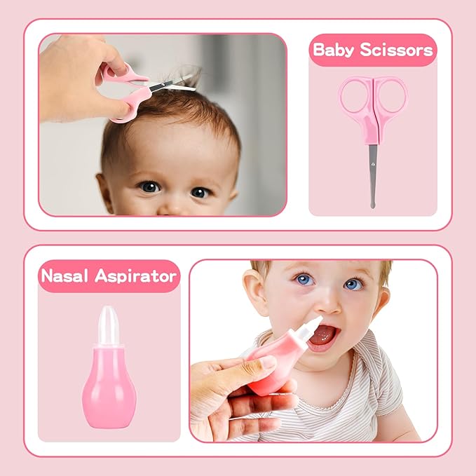 Baby Grooming Kit, Infant Safety Care Set with Hair Brush Comb Nail Clipper Nasal Aspirator,Baby Essentials Kit for Newborn Girls Boys(13 Pc Pink Kit)