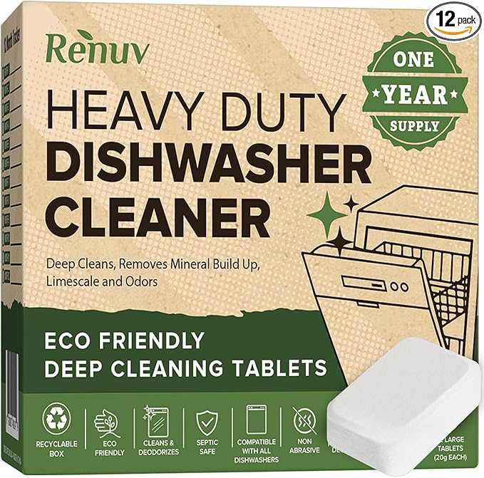 Heavy Duty Dishwasher Cleaner and Deodorizer Tablets, Descaler, Deep Cleaning, Natural Odor and Smell Remover, Calcium, Limescale, Hard Water Marks, Grease, Septic Safe Pods (12 Tabs - 1 Yr Supply)