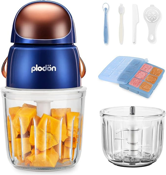 Baby Food Maker Mini Cute and Small Food Processor Puree Blender Grinder Chopper with 2 Glass Bowls(0.6L+0.3L) 8 Blades Electric (Without Battery) -2 Bowls