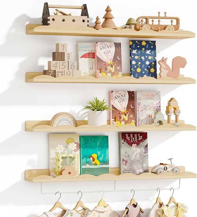 Fixwal Nursery Shelves, 24 Inch Floating Bookshelves for Wall Set of 4, Scalloped Wall Book Shelves with Towel Rack for Kids, Toddler Room, Baby Room, Nursery Decor and Storage(Natural Wood)