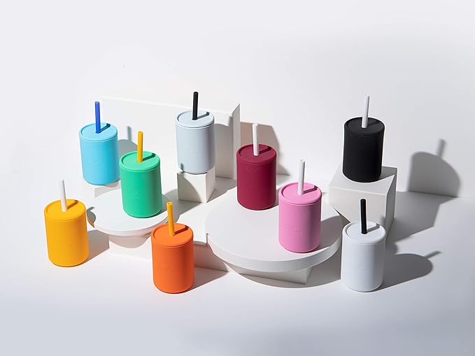 Avanchy Silicone Training Sippy Cup with Straw Lid – For Babies 6+ Months to Toddlers 1 Year Old – 8 oz Infant Water Cup for Baby Led Weaning, White + 5 Reusable Straws