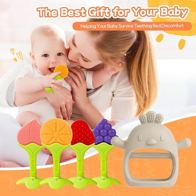 5 Packs Baby Teething Toys for Babies Over 3 Months, Food Grade Silicone Teething Mitten, Anti Dropping Wrist Hand Teethers Baby Chew Toys for Sucking Needs, BPA Free (Caramel)