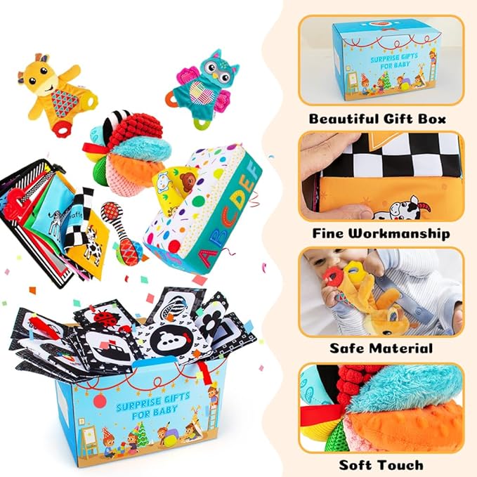 Baby Gifts Set,Infant Toys Set with Tummy Time Mirror,Plush Teethers,High Contrast Baby Books,Rattle,Tissue Box Toy,Sensory Ball for Boys Girls,Perfect Sensory Toys Gifts Basket for Shower Birthday