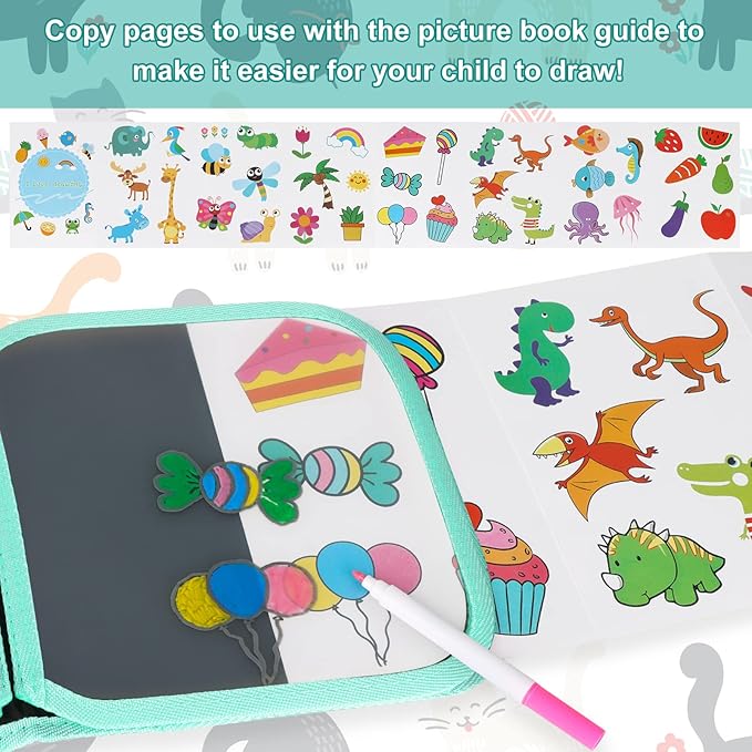 Erasable Doodle Set for Kids - Magic Drawing Book With 12 Watercolor Pens, 14 Page Reusable Book, Road Trip Car Game Writing Painting Set for Boys and Girls (Orange Cats)