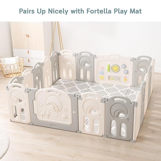 Fortella Cloud Castle Foldable Playpen, Baby Safety Play Yard with Whiteboard and Activity Wall, Indoors or Outdoors (Gray, 14 Panel)