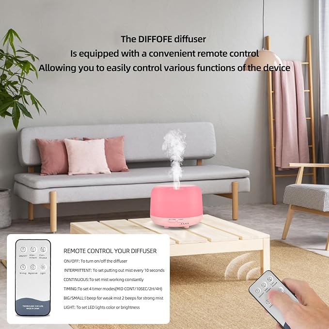 300ML Essential Oil Diffusesrs Remote Control, Aromatherapy Ultrasonic Diffuser, Cool Mist Aroma Humidfier Diffuser, 7 Color Changing LED Light, Auto-Off, Timer for Home, Room, Office, Kids.(Pink)