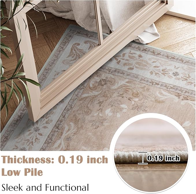 jinchan Vintage Floral 4x6 Area Rugs - Machine Washable Distressed Design Soft Ultra-Thin Low-Pile Non-Slip Carpet for Entryway Kitchen Bedroom Nursery Living Room Dining Room (4x6ft,Coral Pink)