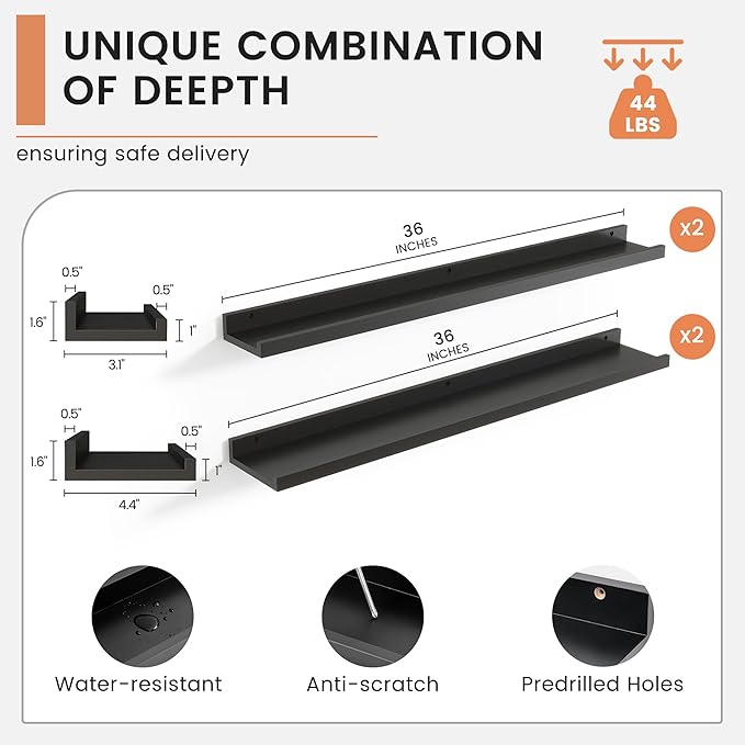 Floating Picture Ledge Shelves for Wall Set of 4, 36 Inch Wall Shelves with Lip Long Large Nursery Book Shelf for Toys Storage Kids Bookshelf Wall Mounted Living Room Bedroom Decor Frames