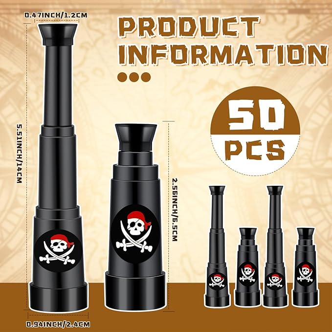 50 Pcs Halloween Pirate Telescope Bulk Pirate Party Favors Mini Plastic Monocular Telescope Toddler Spyglass Toy for Treasure Pretend Cosplay Birthday Party Black 2.6" to 5.5"
