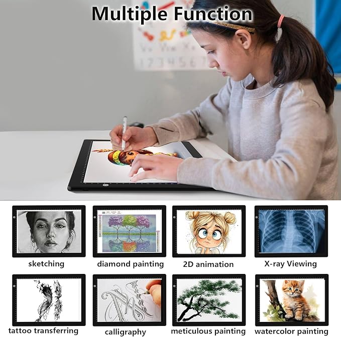 HIUKCOLED A4 Light Tracing Box with 4 Pcs Clips, Stepless Adjustable Brightness Ultra-Thin Light Pad, USB Powered LED Light Board for Drawing,Diamond Painting,Sketching,Animation,X-Ray,Sand Painting