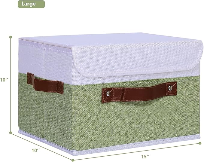 ANMINY 4PCS Storage Boxes with Lid Washable Decorative Storage Bins Basket with PU Leather Handle Foldable Linen Fabric Storage Cubes Containers for Home Closet Organizer - Green White, Large Size