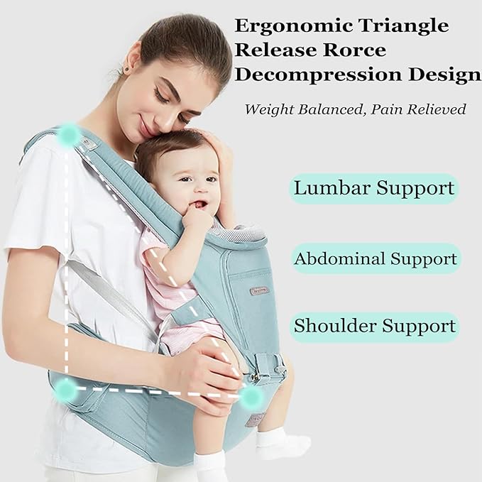 Baby Carrier, 3-in-1 Baby Carrier Newborn to Toddler with Hip Seat (Ergonomic M Position) for 0-36 Month/7-45lbs, Adjustable Size for Enhanced Lumbar Support,Perfect for On-The-go,Light Cyan