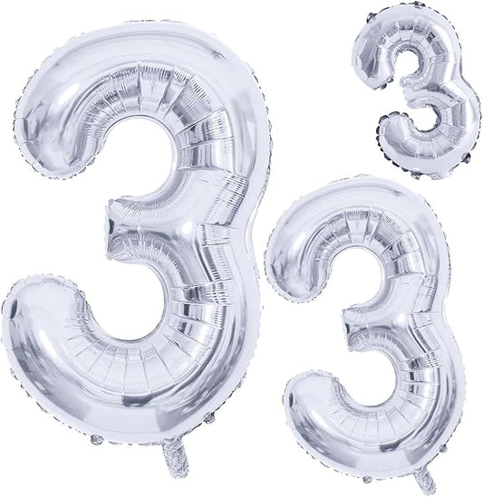 GOER Silver Foil Balloons Number 3,Huge Number Balloons for 3rd 33rd Birthday Party Supplies Anniversary Decorations(3 pcs,42 inch,32 inc,16inch)