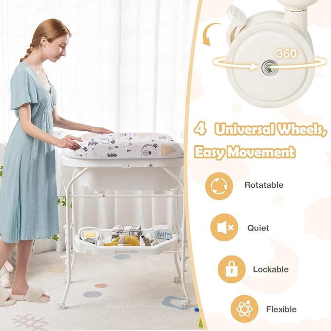 HONEY JOY Baby Changing Table with Bathtub, Foldable Infant Diaper Changing Station with Wheels, Storage Tray, Waterproof Pad, Portable Newborn Nursery Organizer Bath Stand for Boys Girls (White)