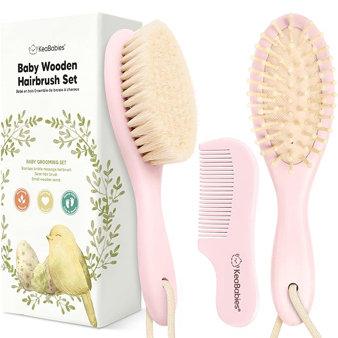 Baby Hair Brush and Comb Set for Newborn - Wooden Baby Hair Brush Set with Soft Goat Bristle, Baby Brush Set for Newborns, Baby Brush and Comb Set Girl, Boy, Toddler Cradle Cap Brush (Oval, Blush)