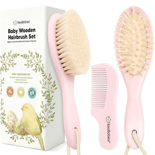 Baby Hair Brush and Comb Set for Newborn - Wooden Baby Hair Brush Set with Soft Goat Bristle, Baby Brush Set for Newborns, Baby Brush and Comb Set Girl, Boy, Toddler Cradle Cap Brush (Oval, Blush)