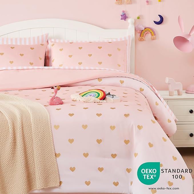 Full Size Comforter Sets with Sheets for Girls-7 Pieces Full Size Bedding Sets with Pink Comforter, Sheets, Pillowcases & Shams for Kids (Pink Gold Heart, 76" X 86")